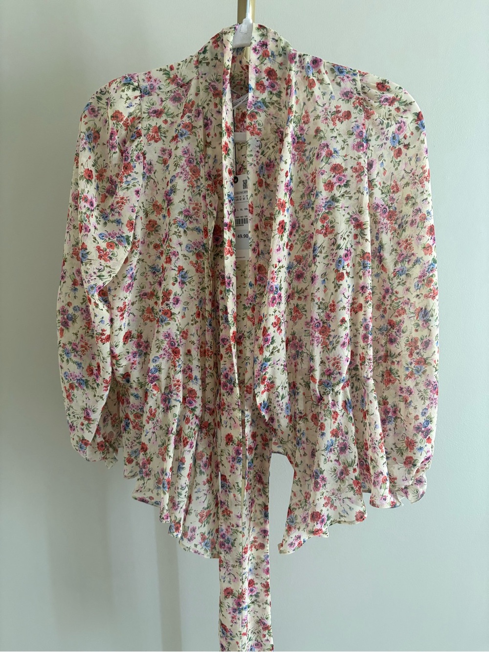 Zara Cream Floral Tie-Neck Blouse